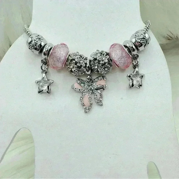 Cute Silvery and Pink Bow Charm Bracelet With Rhinestone - Picture 5 of 5